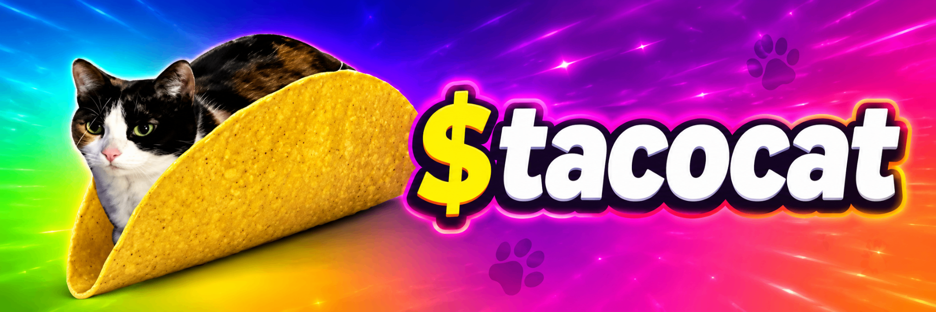 $tacocat banner — a cat inside a taco on a rainbow cosmic background